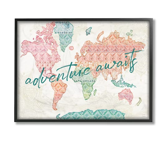 Stupell Industries Adventure Awaits Phrase Macrame Pattern World Map in Black Frame Wall Art